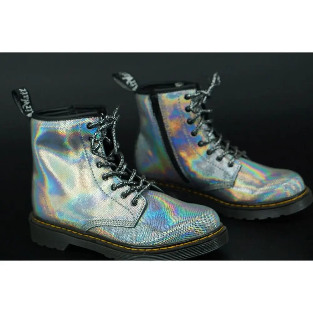 Doc Martens 1460 J Combat Ankle Boots size 5 US laces Silver Reptile Holo Biker